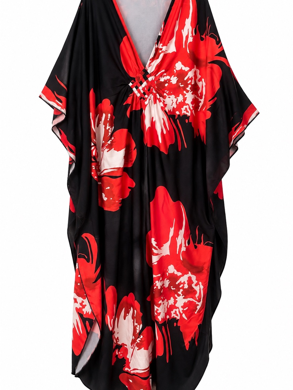 Black and Red Floral Satin Caftan Robe with V-Neck